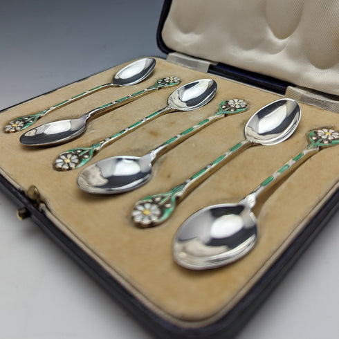 1938年 英国ヴィンテージ エナメル装飾 純銀製ティースプーン6本セット ケース入り MAPPIN and WEBB